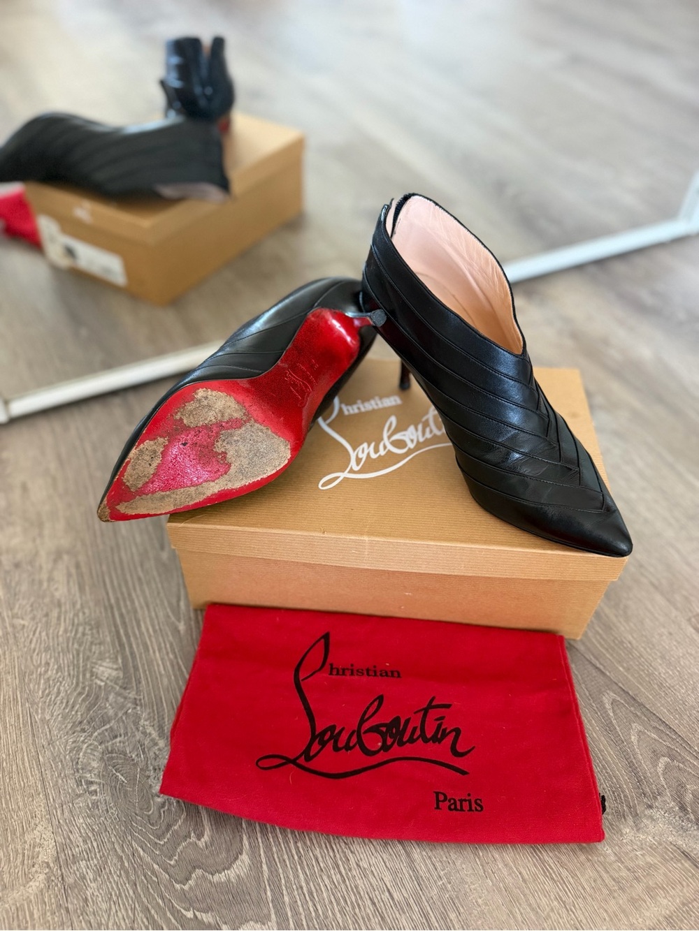 Christian Louboutin Black Leather Pointed Mules with Red Soles
